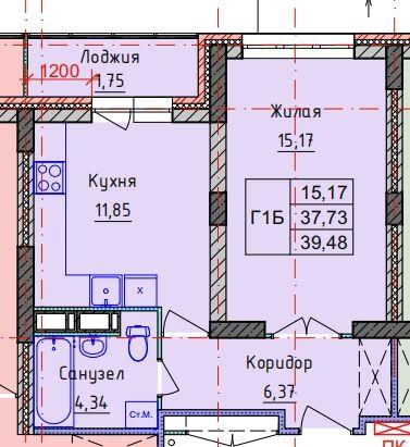 1-комн. квартира • 39.48 м2 • 7/10 этаж. Фото 1