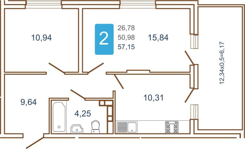 2-комнатная квартира, 57.2 м2