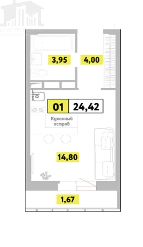 1-комнатная квартира, 24.42 м2