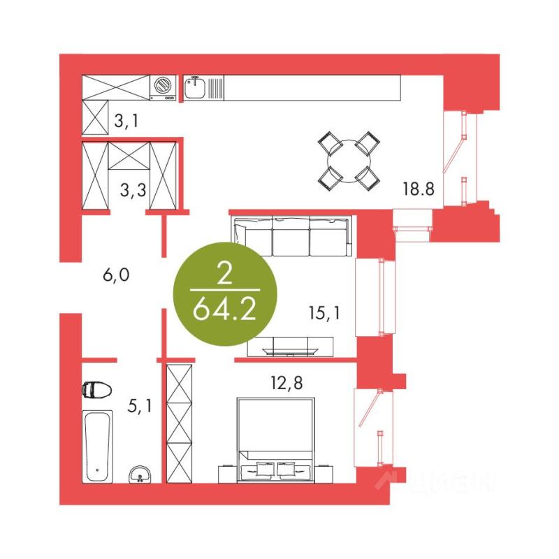 2-комнатная квартира, 64.2 м2