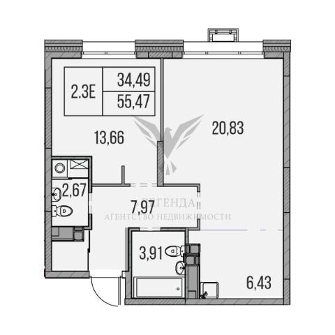 2-комнатная квартира, 55.47 м2