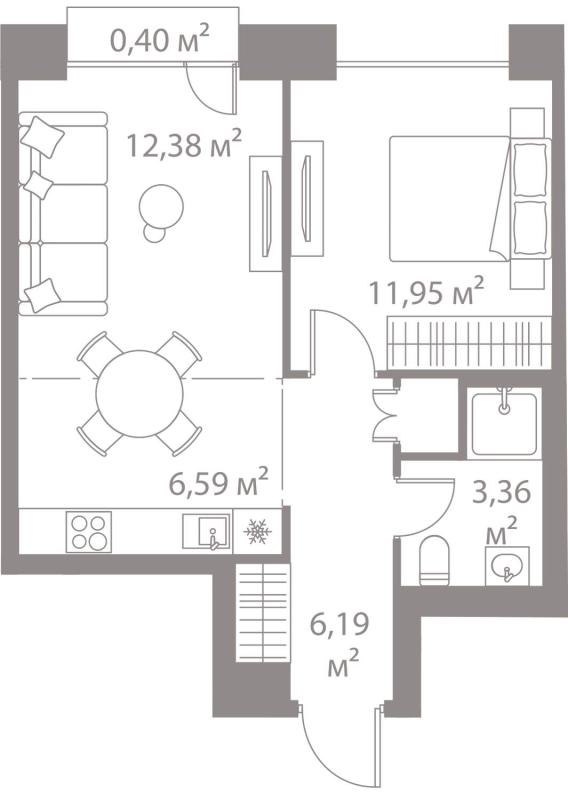 1-комнатная квартира, 40.87 м2