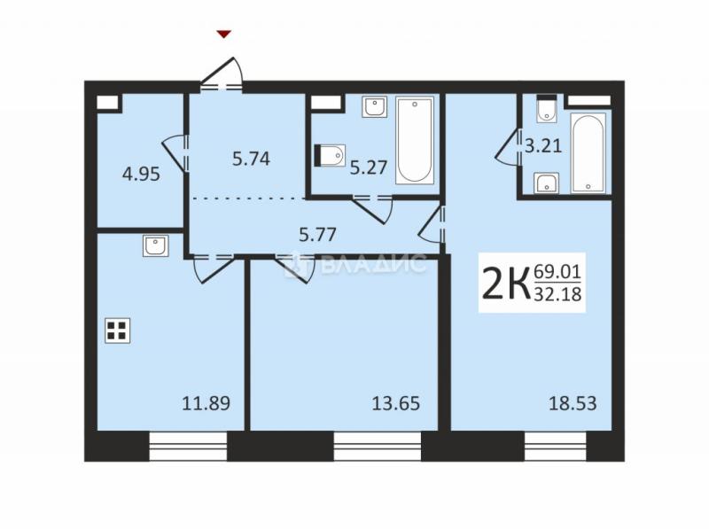 2-комнатная квартира, 69 м2