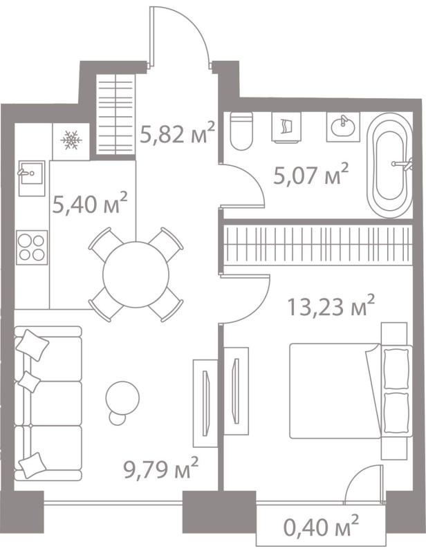 1-комнатная квартира, 39.71 м2