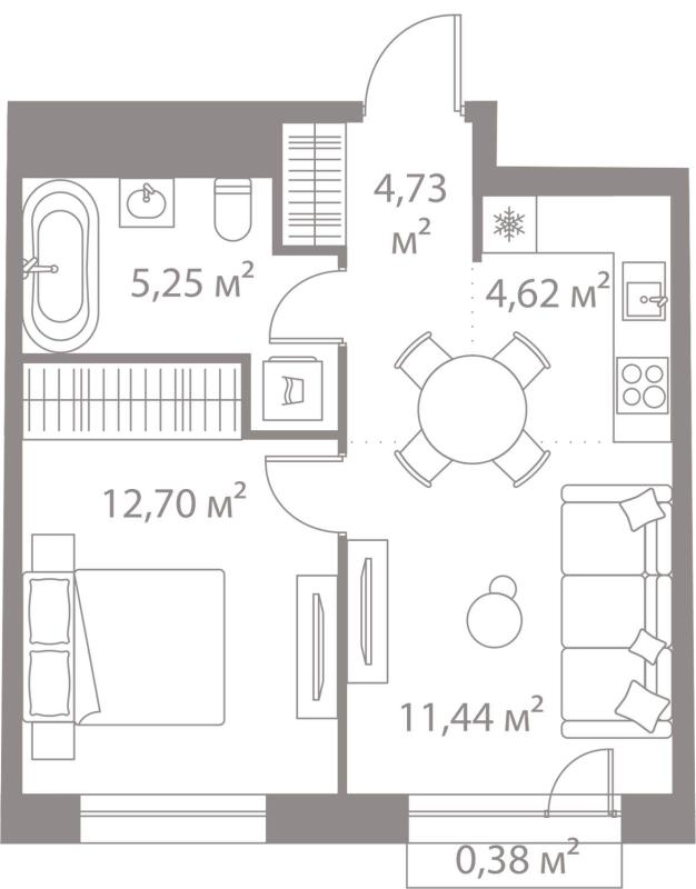 1-комнатная квартира, 39.12 м2