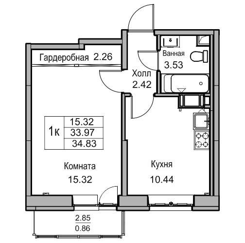 1-комнатная квартира, 34.8 м2