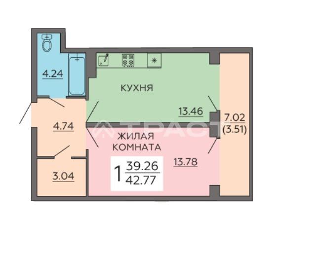 1-комнатная квартира, 42.77 м2