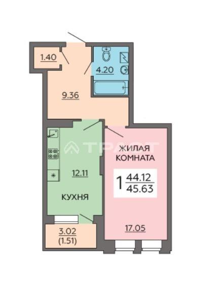 1-комнатная квартира, 45.63 м2