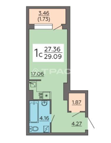 1-комнатная квартира, 29.09 м2