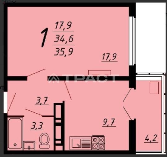 1-комнатная квартира, 35.9 м2