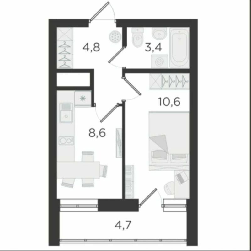 1-комнатная квартира, 29.8 м2