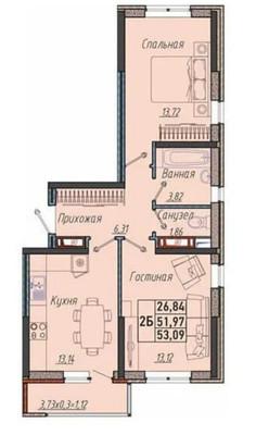 2-комн. квартира • 55 м2 • 3/9 этаж. Фото 1