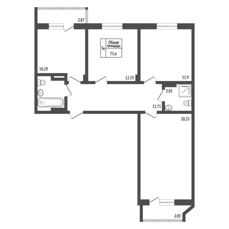 3-комнатная квартира, 75.5 м2