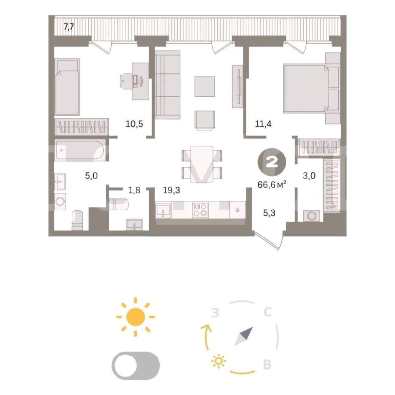 2-комнатная квартира, 66.6 м2