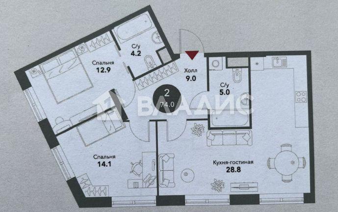 3-комнатная квартира, 74 м2