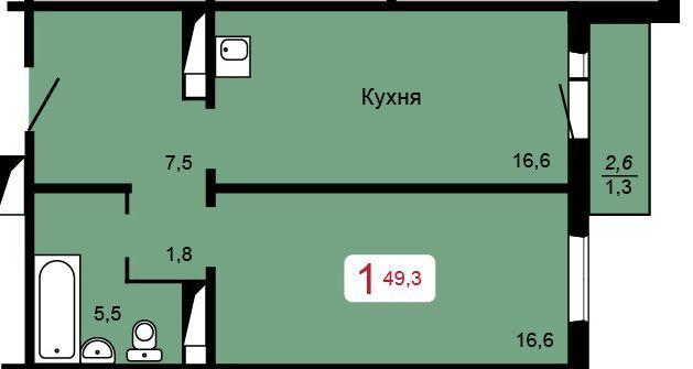 1-комнатная квартира, 49.3 м2