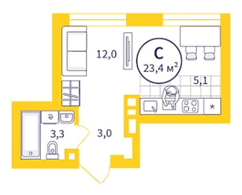 Студия, 23.4 м2