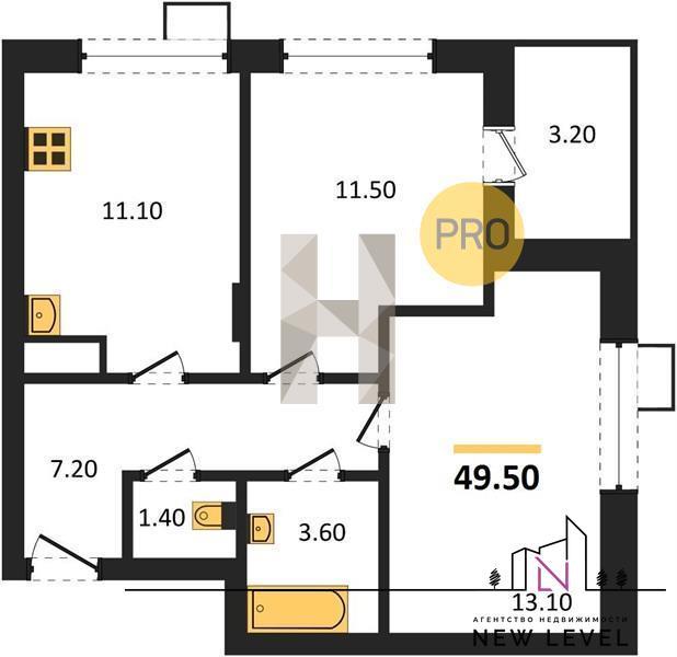 1-комнатная квартира, 49.5 м2