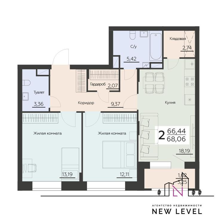 2-комнатная квартира, 68.06 м2
