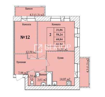 2-комнатная квартира, 60.84 м2