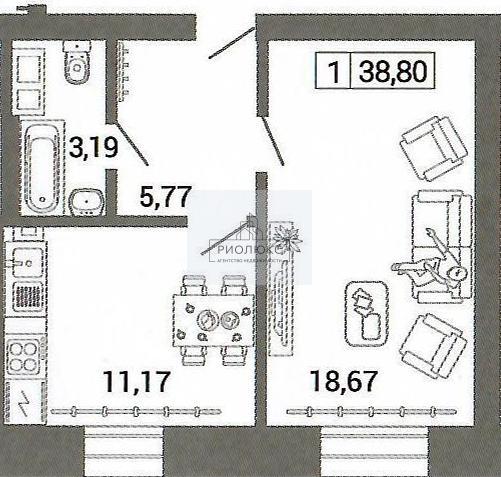 1-комнатная квартира, 38.8 м2