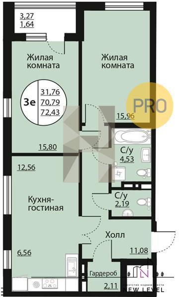 3-комнатная квартира, 72.43 м2