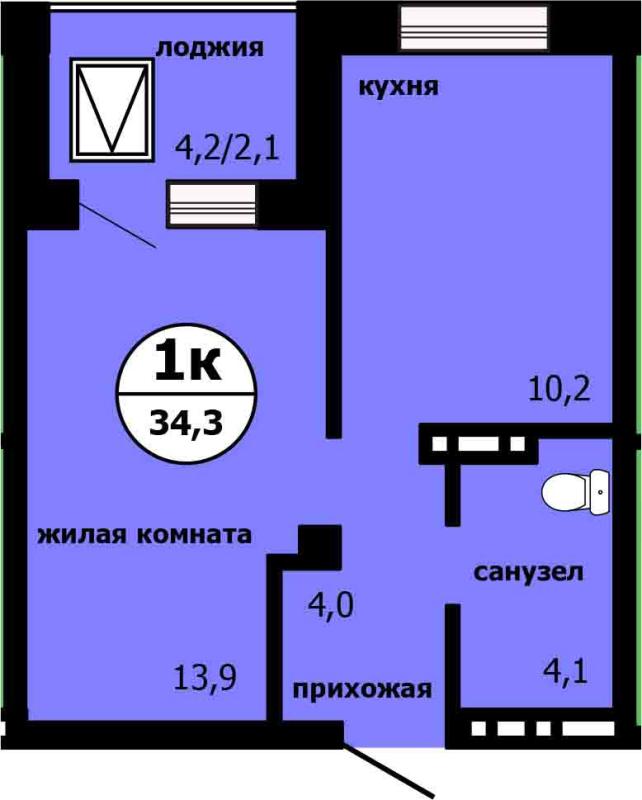 1-комнатная квартира, 34.3 м2