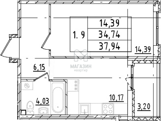1-комнатная квартира, 34.74 м2
