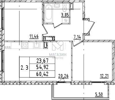 2-комнатная квартира, 54.92 м2