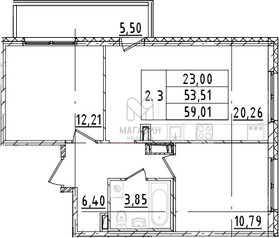 2-комнатная квартира, 53.5 м2