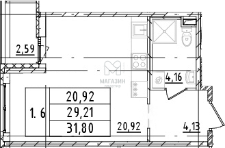 Студия, 29.2 м2