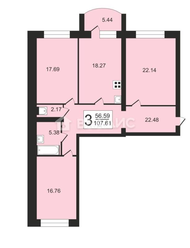 3-комнатная квартира, 107.61 м2