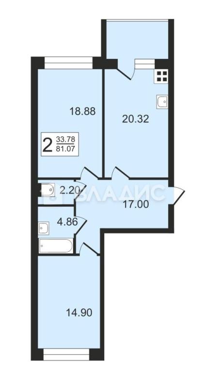 2-комнатная квартира, 81.07 м2