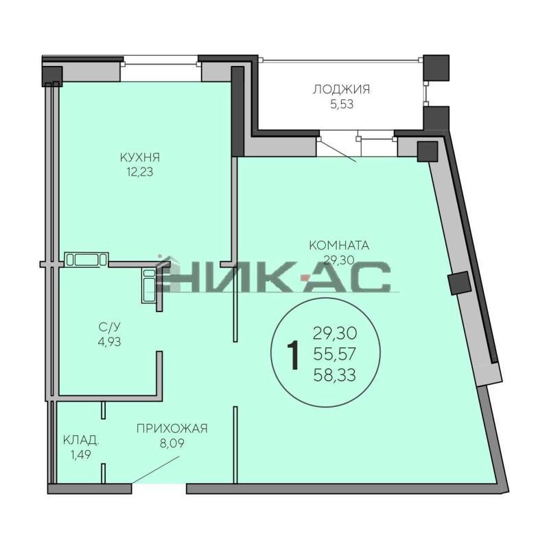 1-комнатная квартира, 61.25 м2