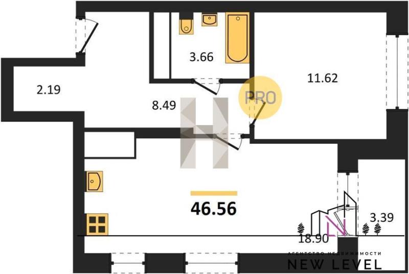 1-комнатная квартира, 46.56 м2