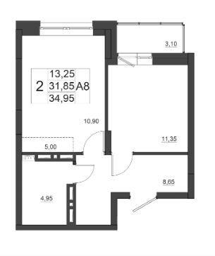 2-комнатная квартира, 43.95 м2