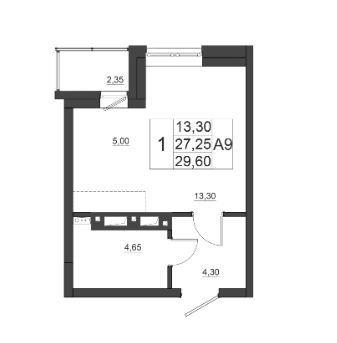 1-комнатная квартира, 29.6 м2