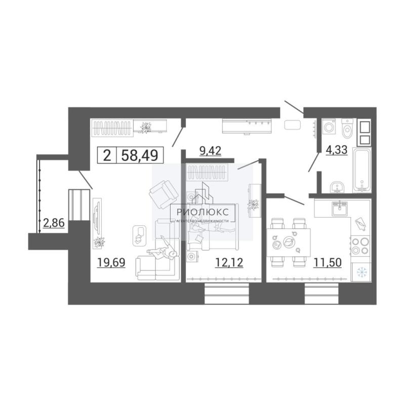 2-комнатная квартира, 58.49 м2