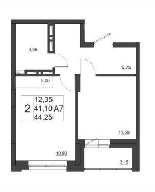 2-комнатная квартира, 44.25 м2