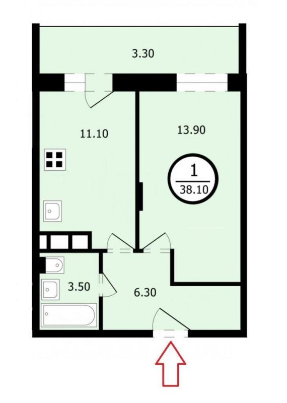 1-комнатная квартира, 38.1 м2