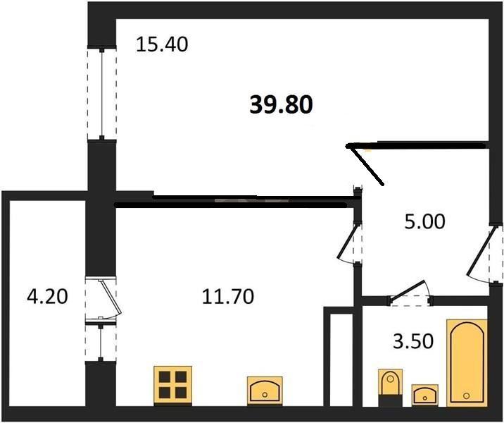 1-комнатная квартира, 39.8 м2