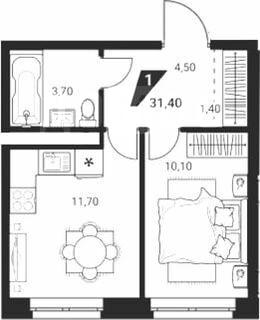 1-комнатная квартира, 31.4 м2