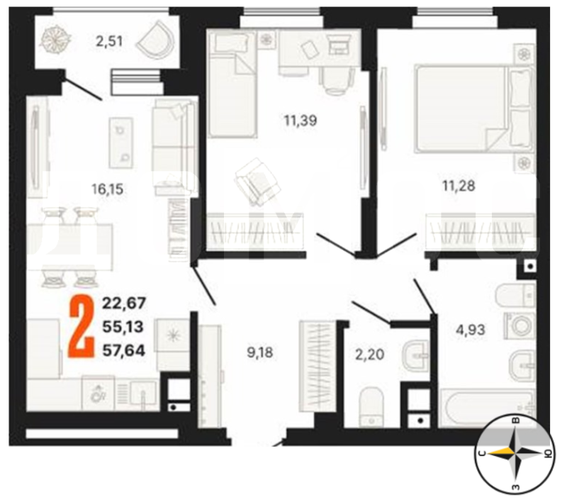 2-комнатная квартира, 57.64 м2