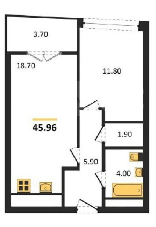 1-комнатная квартира, 45.96 м2