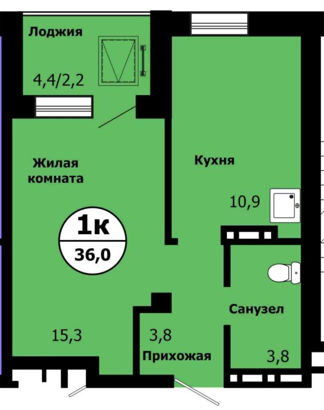 1-комнатная квартира, 36 м2