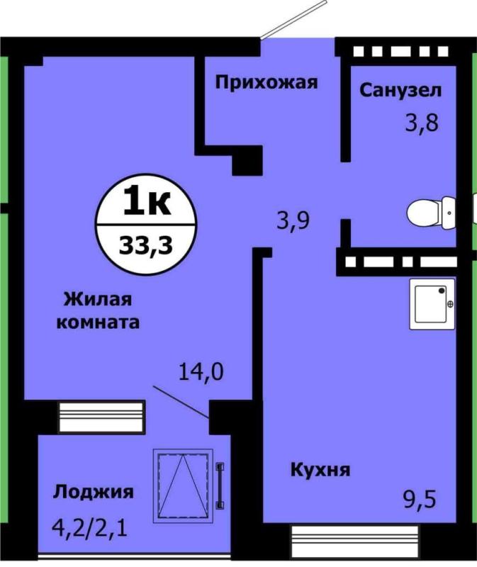 1-комнатная квартира, 33.3 м2