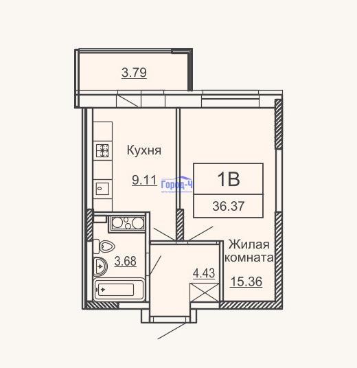 1-комнатная квартира, 36.7 м2