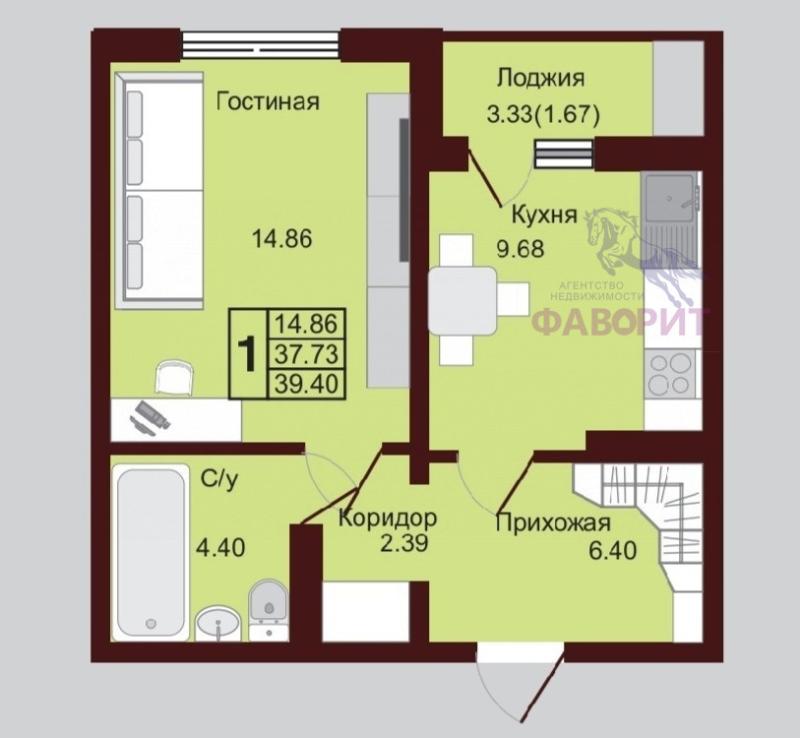 1-комнатная квартира, 39.4 м2