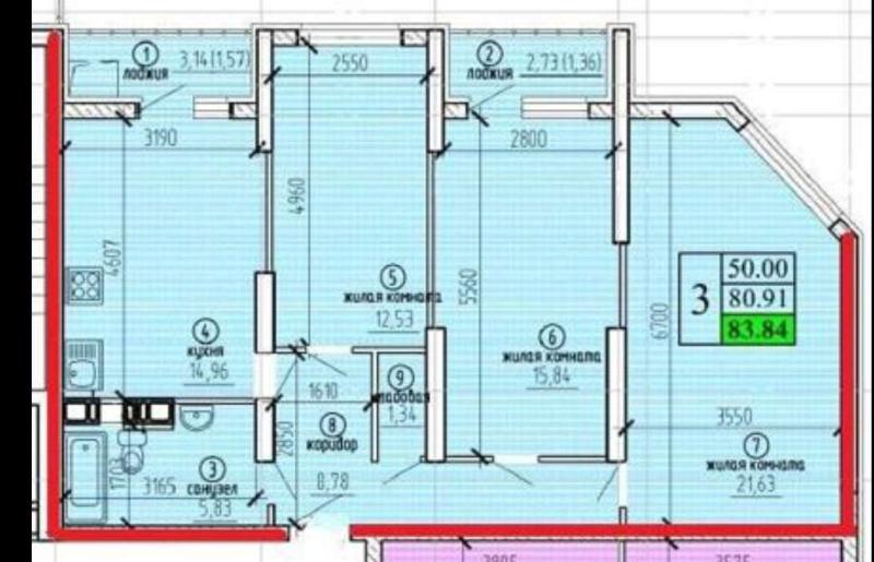 3-комнатная квартира, 83.84 м2