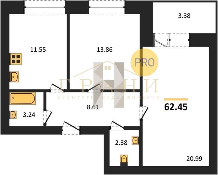 2-комнатная квартира, 62.45 м2